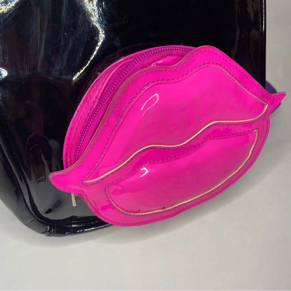 Bratz Mini Backpack Purse Black Patent Pink Lips Y2K Baddie Bratcore Goth Faux - Picture 5 of 9